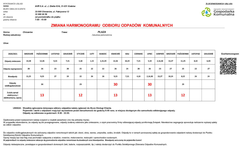 harmonogram odbioru odpadów komunalnych